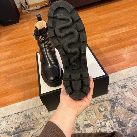 Gucci Women's Black Ankle Boots with Gold Accents - Picture 15 of 16